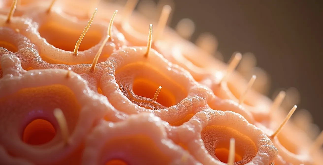 Gros plan détaillé montrant la structure saine d'un cuir chevelu avec follicules pileux bien nourris et film hydrolipidique intact