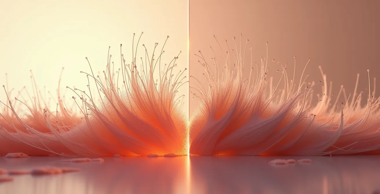 Représentation schématique comparative montrant les écailles de cheveux ouvertes (poreuses) après lavage agressif versus fermées (protégées) après shampooing doux