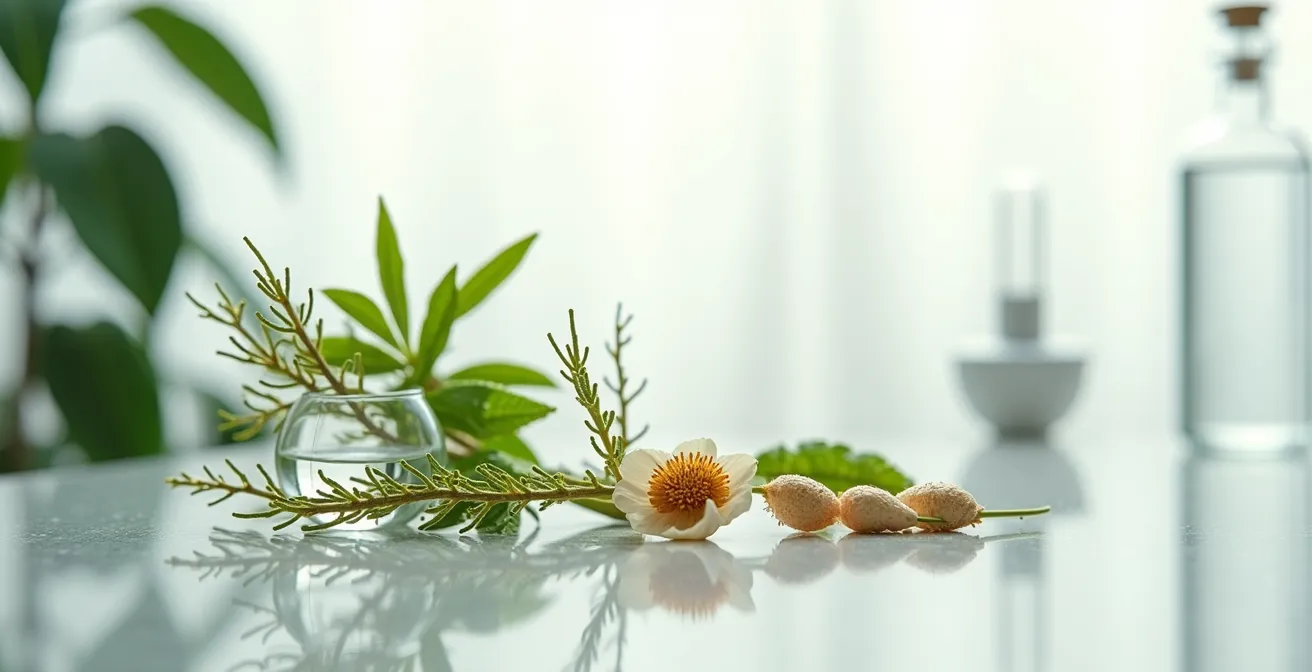 Plantes médicinales en gros plan avec structure de cheveux sains, renforcement capillaire naturel