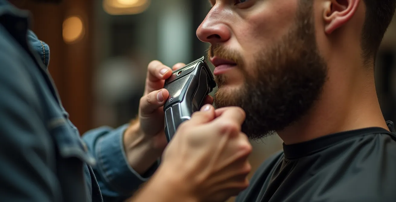 Gros plan sur les mains d'un coiffeur réalisant un dégradé à la tondeuse