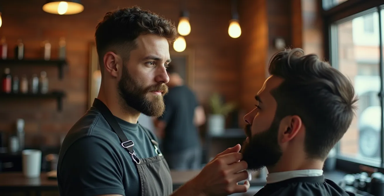 Coiffeur en consultation avec un client devant un miroir