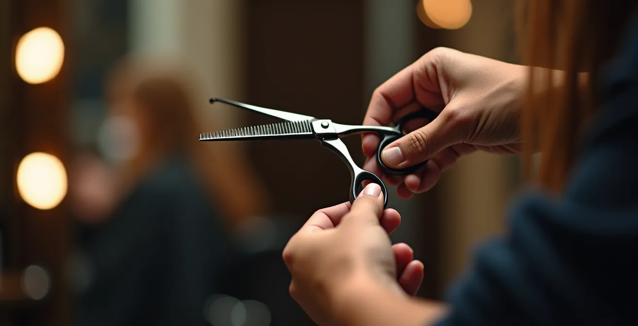 Mains expertes d'un coiffeur démontrant une technique de coupe professionnelle
