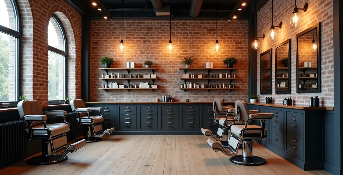 Vue d'ensemble d'un salon de barbier parisien avec décoration industrielle