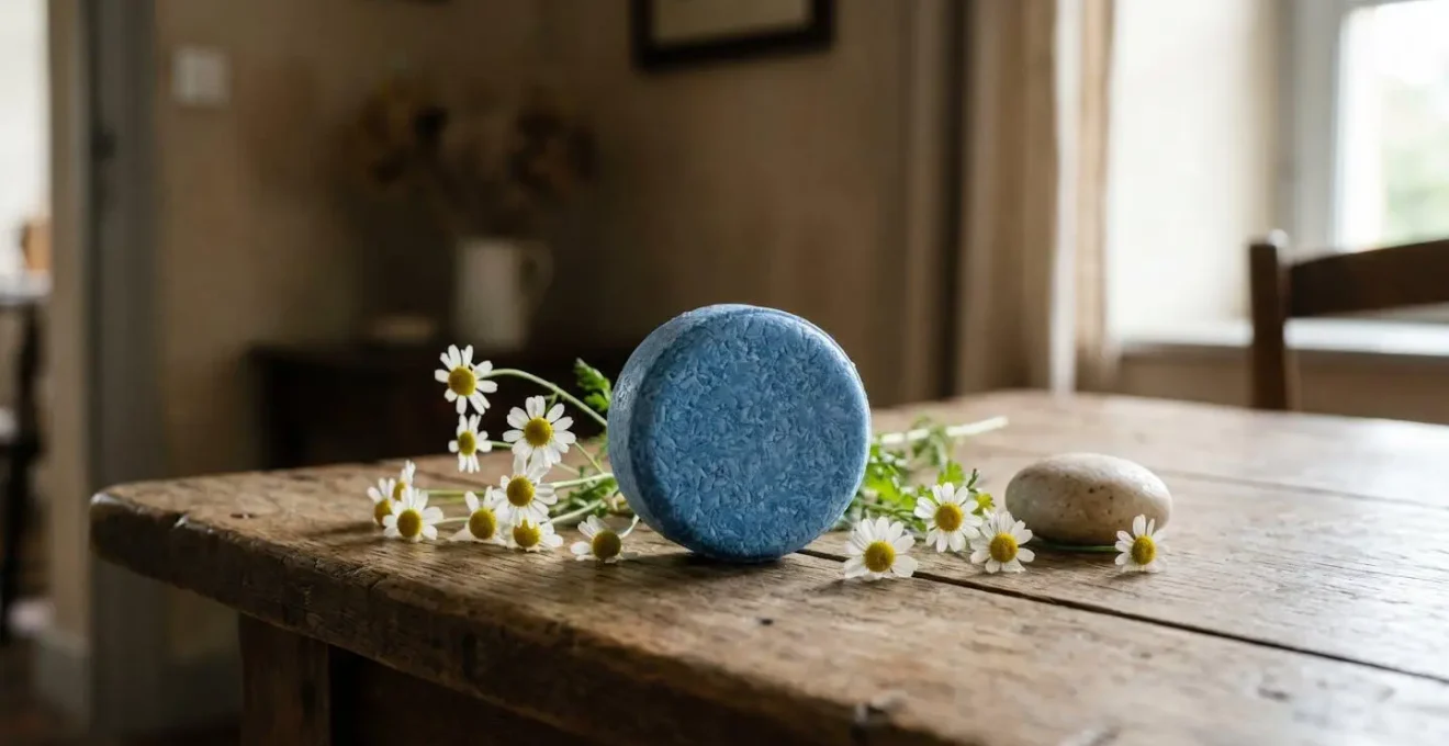 Barre de shampoing bleu solide posée sur une surface en bois brut, entourée de fleurs de camomille matricaire fraîches et d'un galet de savon artisanal, lumière naturelle douce