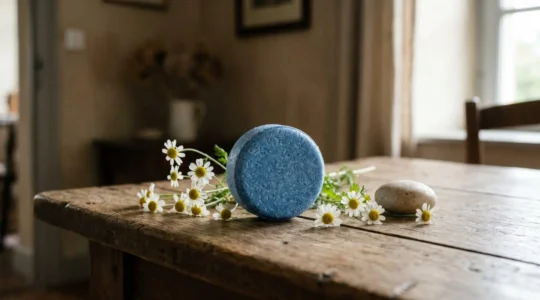 Barre de shampoing bleu solide posée sur une surface en bois brut, entourée de fleurs de camomille matricaire fraîches et d'un galet de savon artisanal, lumière naturelle douce