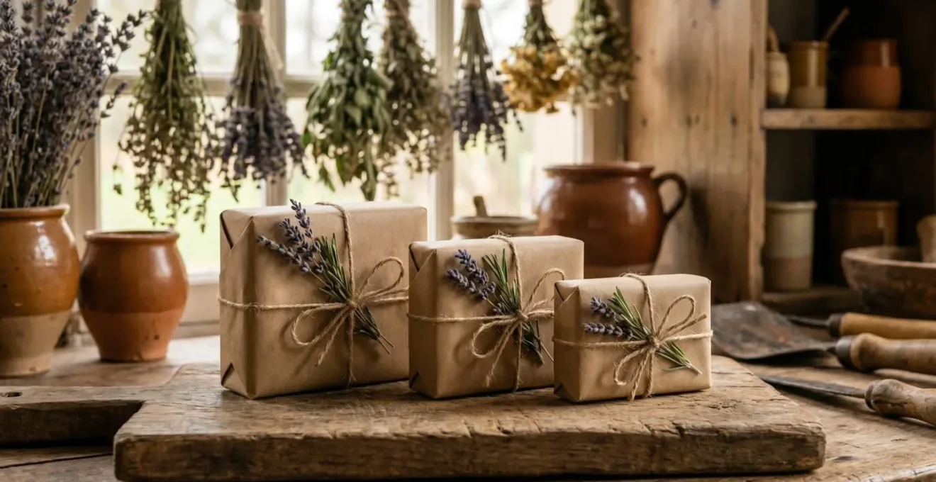 Trois galets de shampoing solide de différentes tailles emballés dans du papier kraft compostable, posés sur une planche en bois, avec des herbes séchées en arrière-plan, atelier artisanal normand
